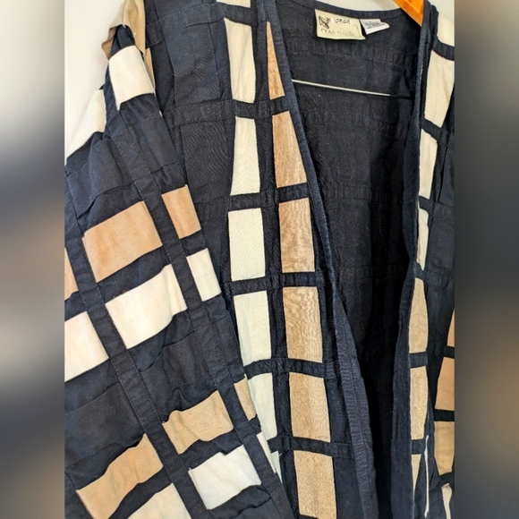 Yak Magik Colorblock Ribbon Weave Open Jacket Black Tan White Large Artsy Unique - Picture 2 of 7